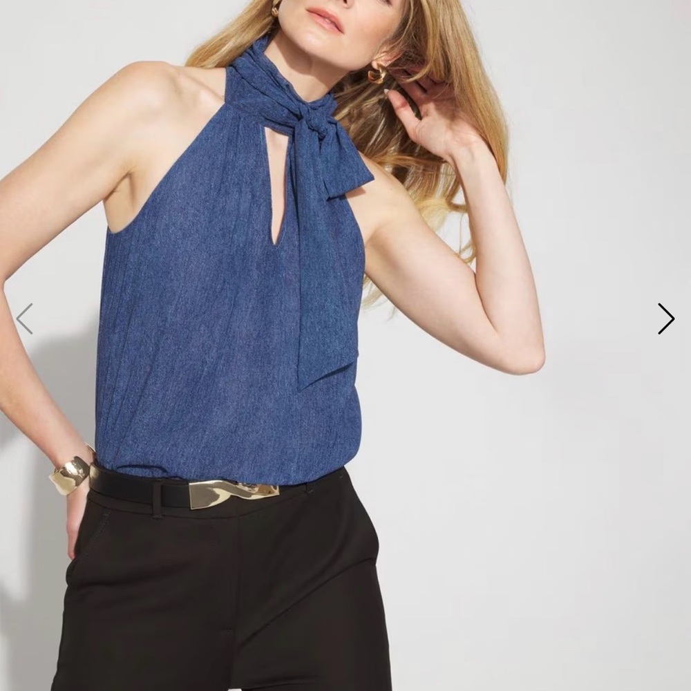 White House Black Market Denim Print Chiffon Halter Top (M)